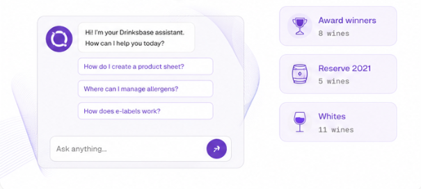 The Drinksbase assistant chat with suggested questions, next to wine collections it can surface