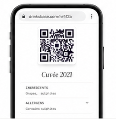A phone showing the public e-label page for Cuvée 2021, with QR code, ingredients and allergens