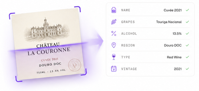 A wine label being scanned, with extracted fields — name, grapes, alcohol, region, type and vintage — confirmed with green checks