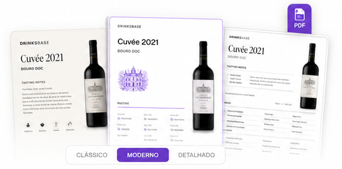 Three product sheet layouts for the same wine — Clássico, Moderno and Detalhado — with a PDF export badge