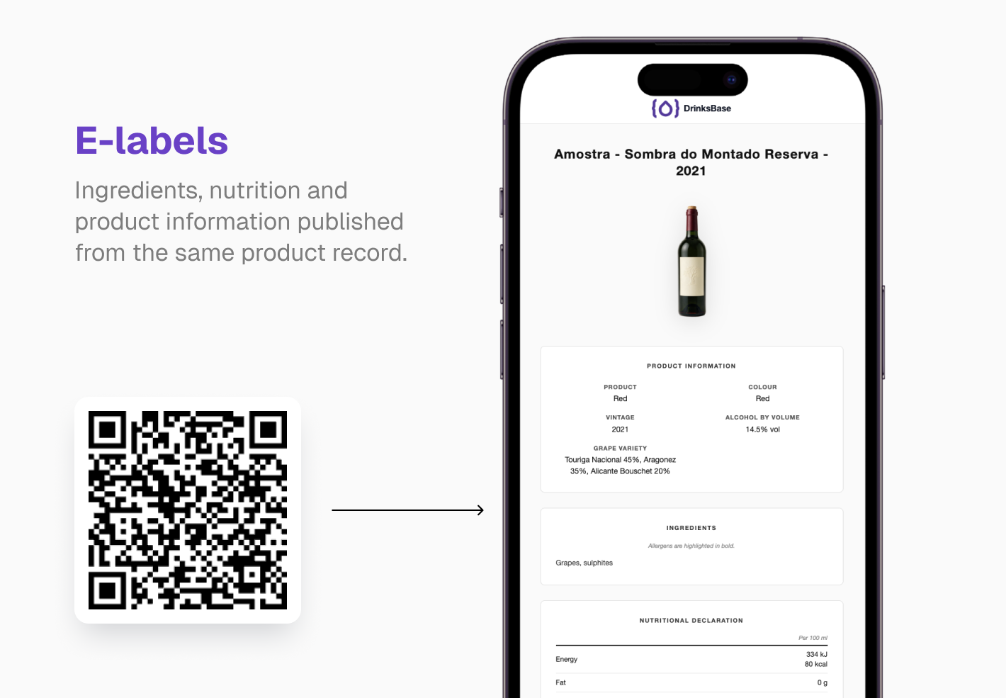 DrinksBase e-label QR page shown on a phone