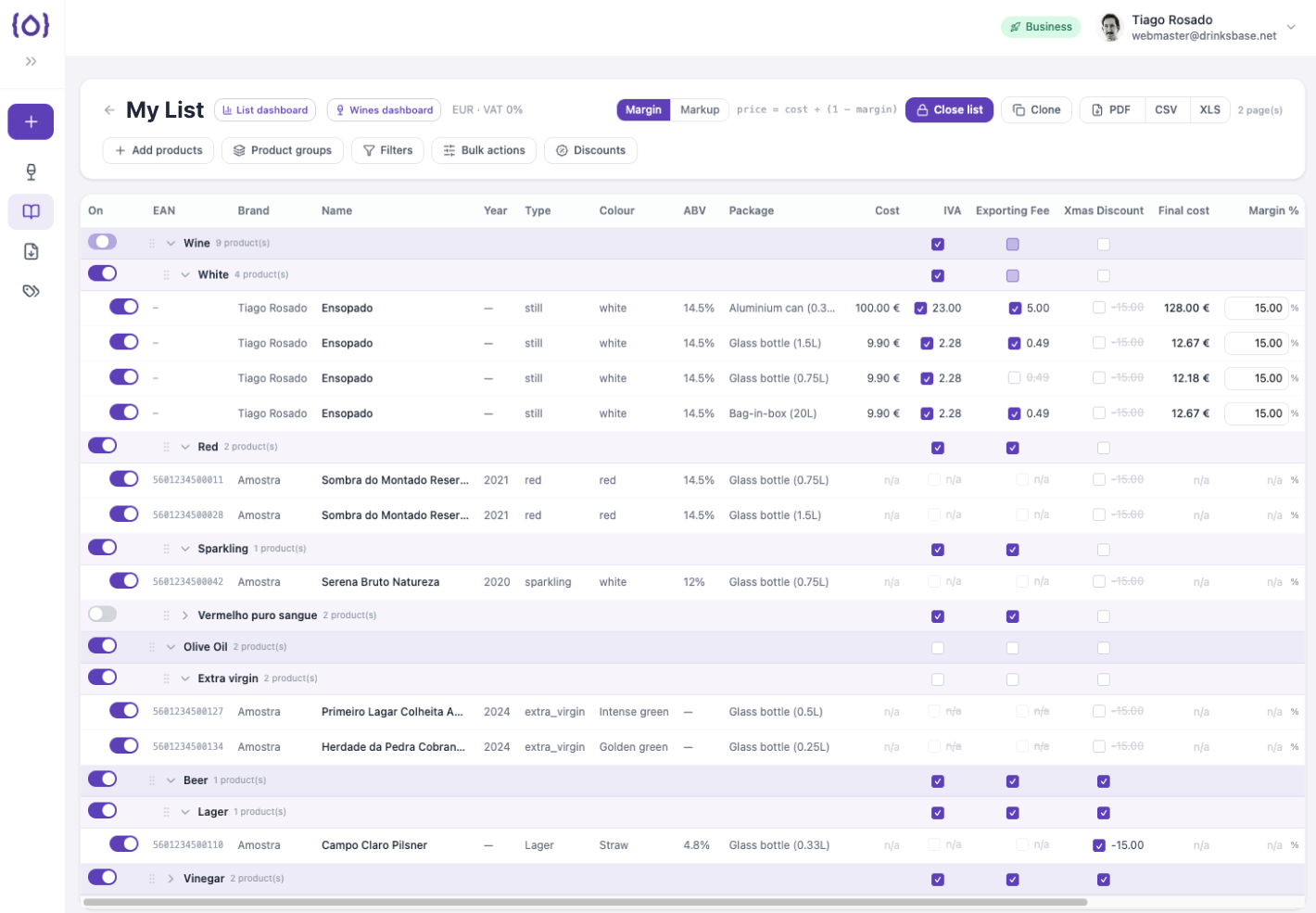 DrinksBase price list with costs, fees and margins