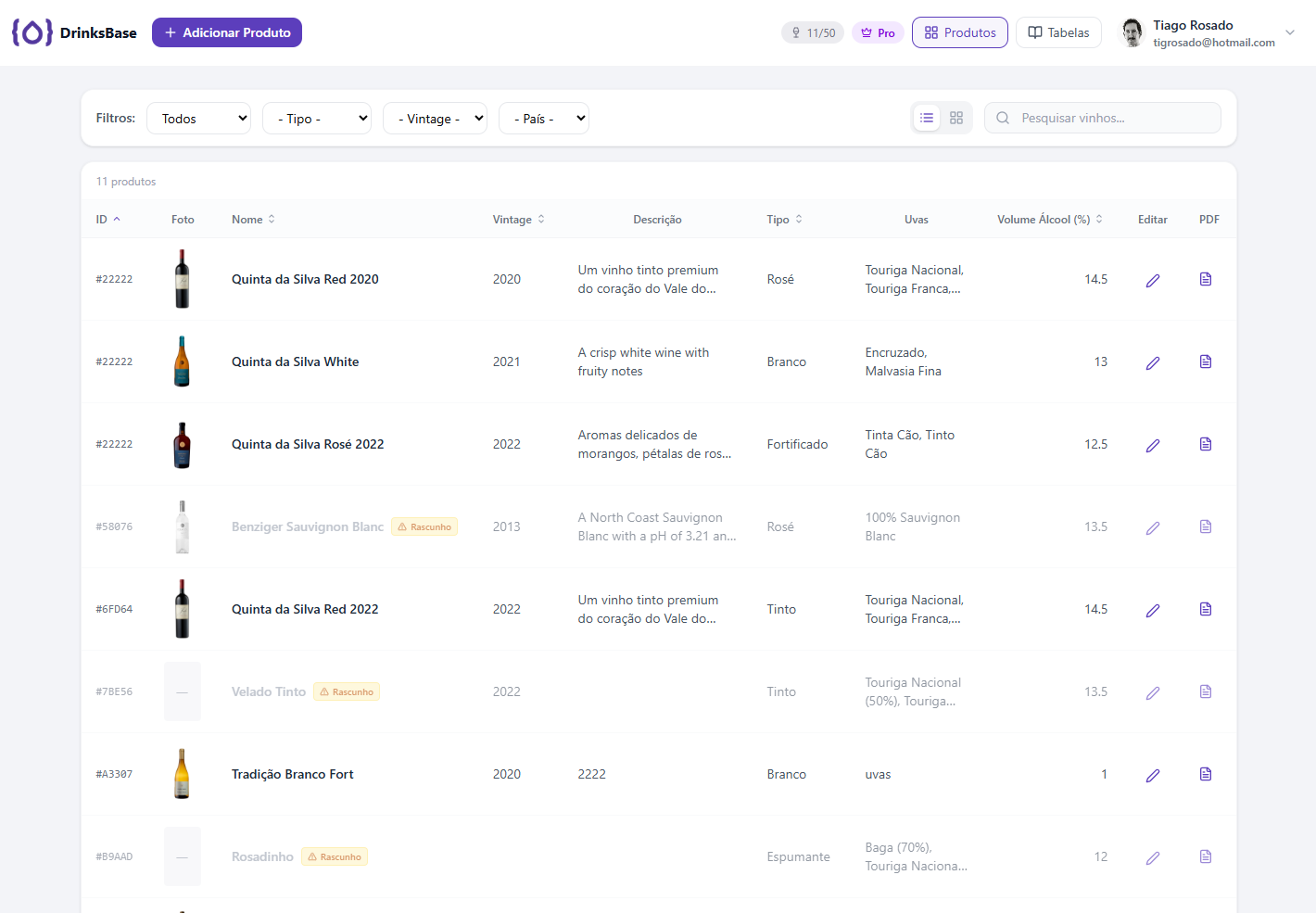 Product database screenshot